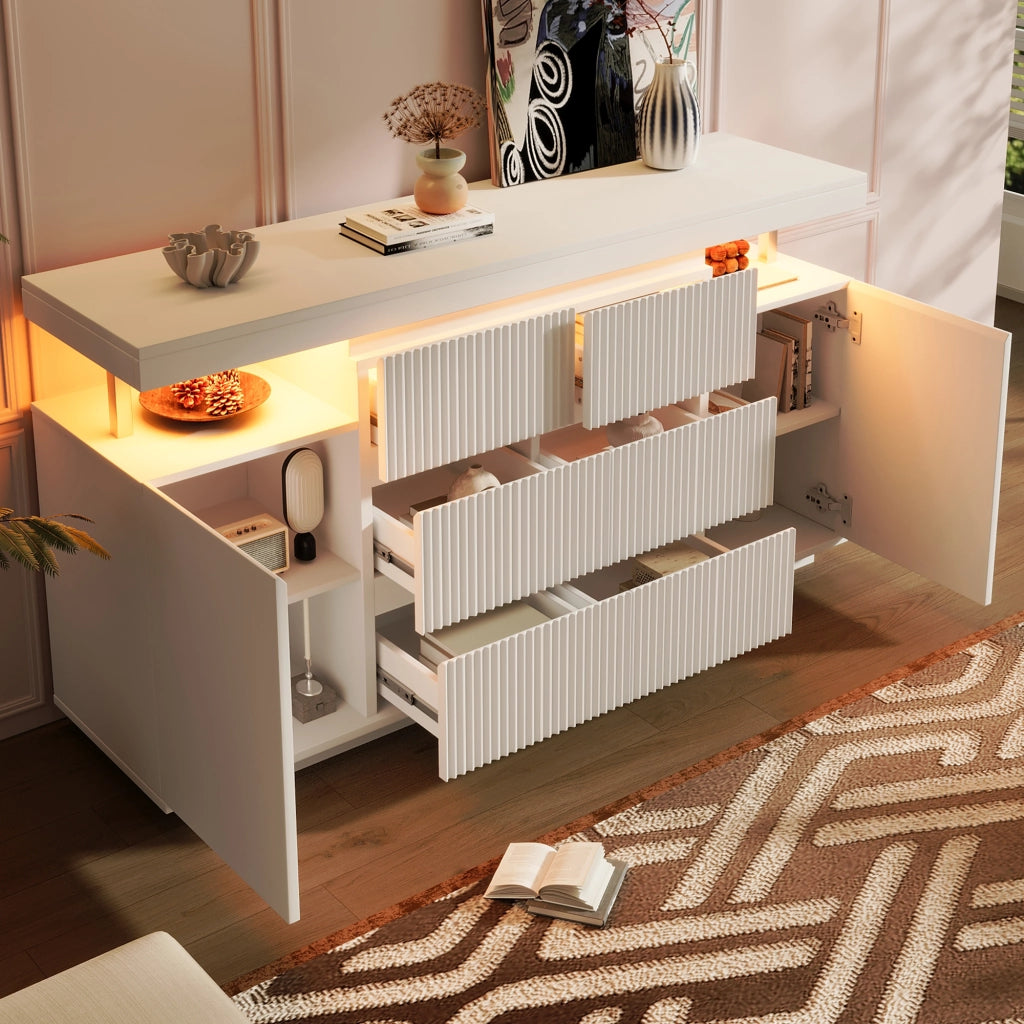 Credenza moderna con LED, 6 cassetti, 2 ante e vano aperto, per soggiorno, in MDF e metallo bianco, 150 × 40 × 78 cm