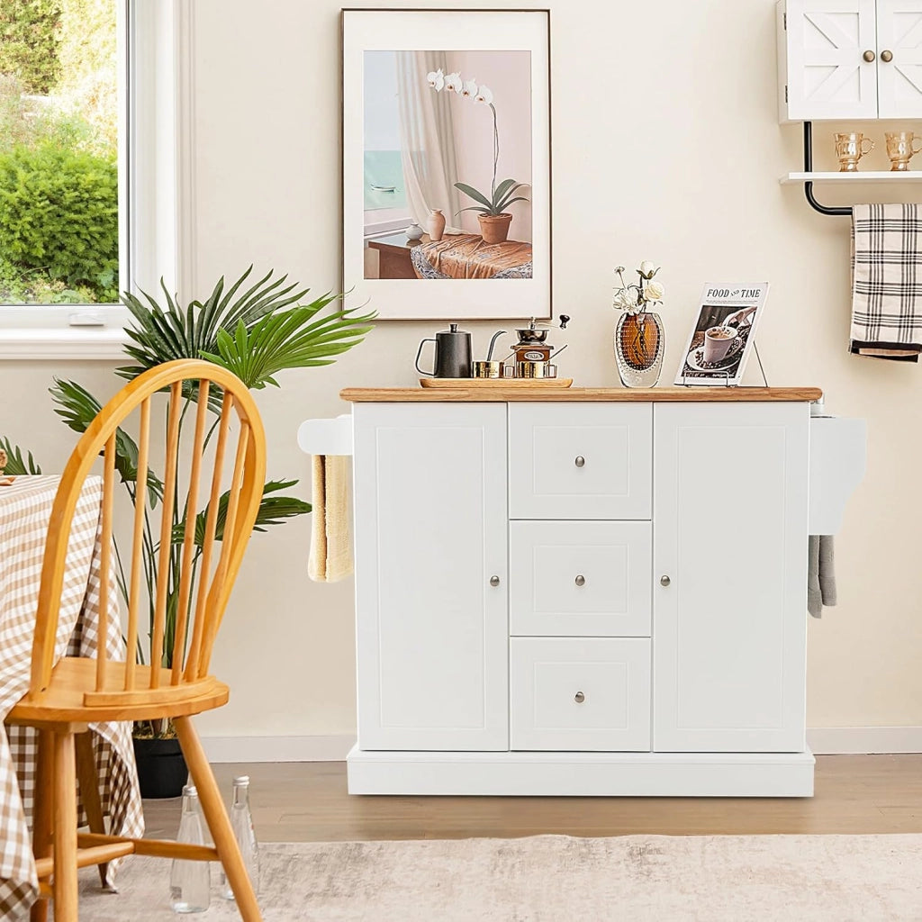 Carrello da Cucina in Legno di Quercia con 2 Armadi e 3 Cassetti, Credenza con 5 Rotelle e Cerniere in Metallo, Isola da Cucina per Soggiorno e Sala da Pranzo (Bianco)