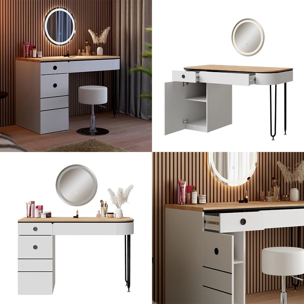Tavolo da toilette Mia, Bianco/legno naturale, 120 cm con specchio LED, con illuminazione LED e grande specchio per applicazioni di trucco