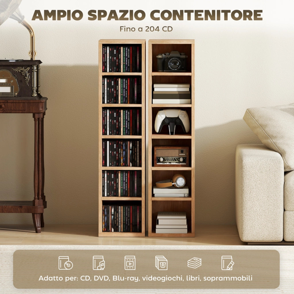 Set 2 Mobili Porta CD a 6 Ripiani Regolabili per 204 CD in Legno. 21x22.5x88.5 cm. Color Legno