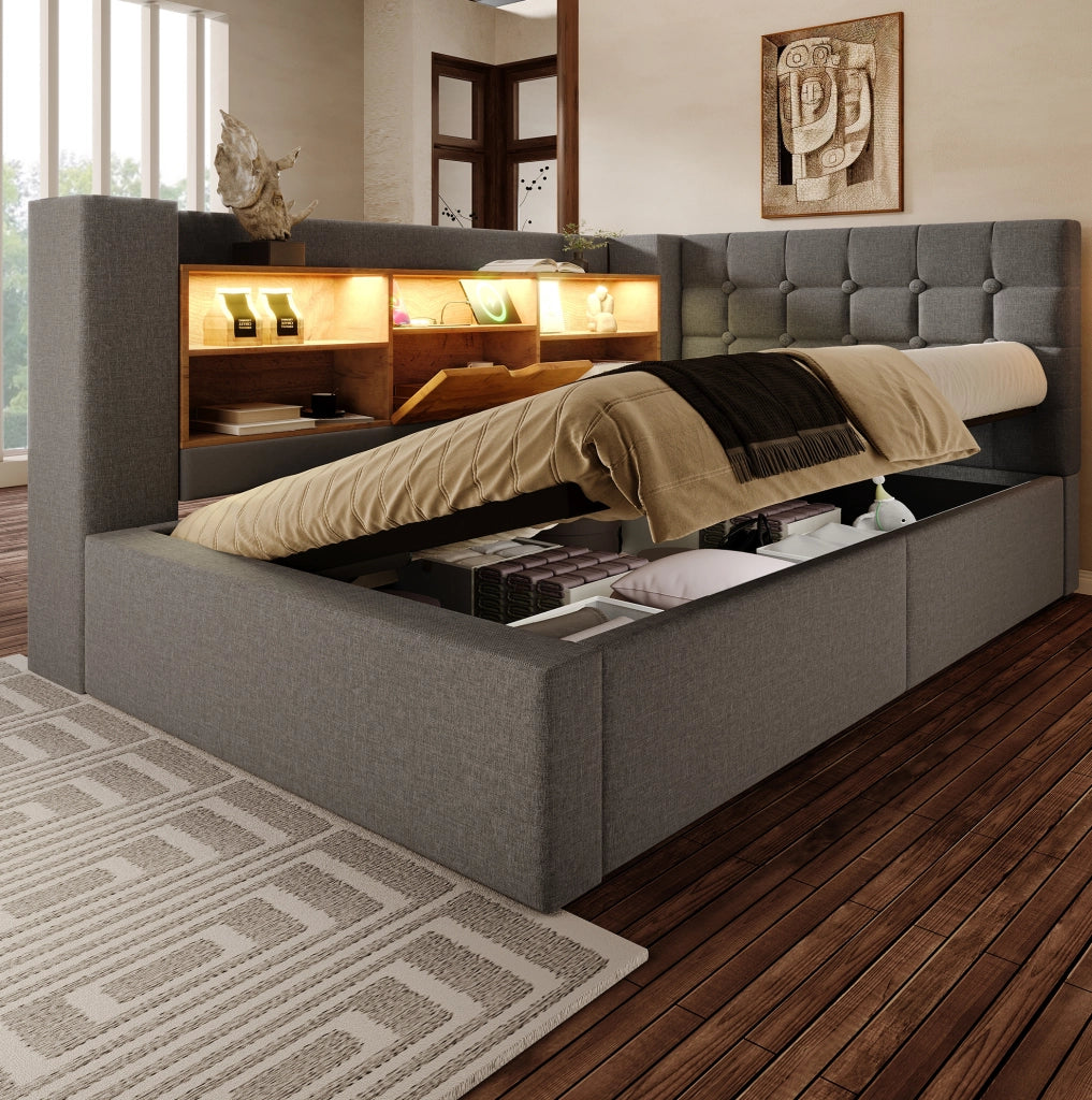 Letto singolo imbottito 90x200 cm con LED; vano contenitore idraulico; USB; lino grigio