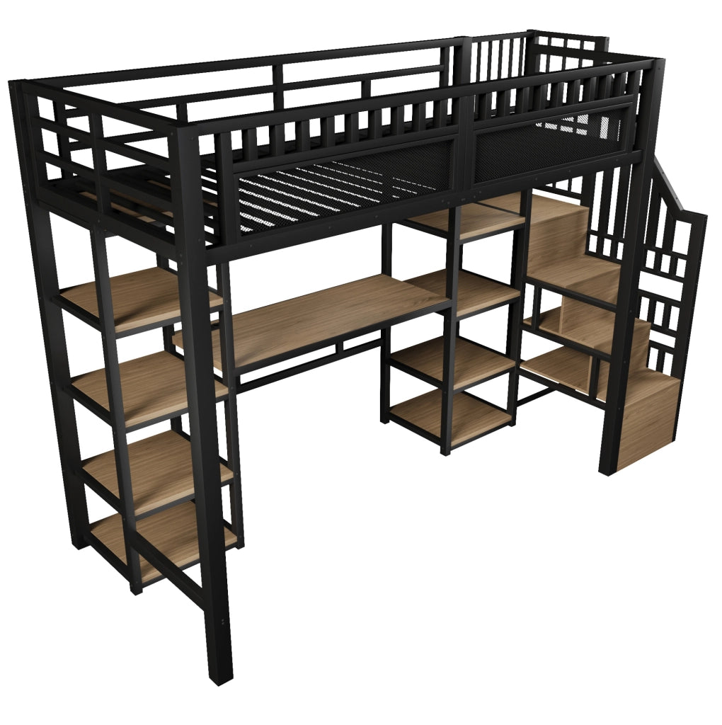 Letto a soppalco 90x200 cm con scrivania; LED; USB e scala contenitore; nero