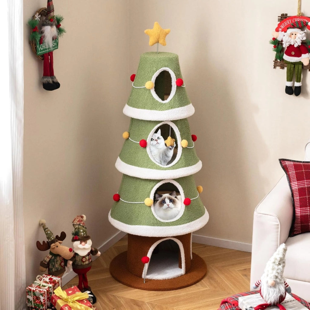 Albero di Natale per Gatti da Interno, Tiragraffi per Gatti Alta 154 cm con 4 Condomini, Pallina Pendete, Giocattolo a Molla e Stella in Cima, Mobile per Animali per Decorazioni Natalizie