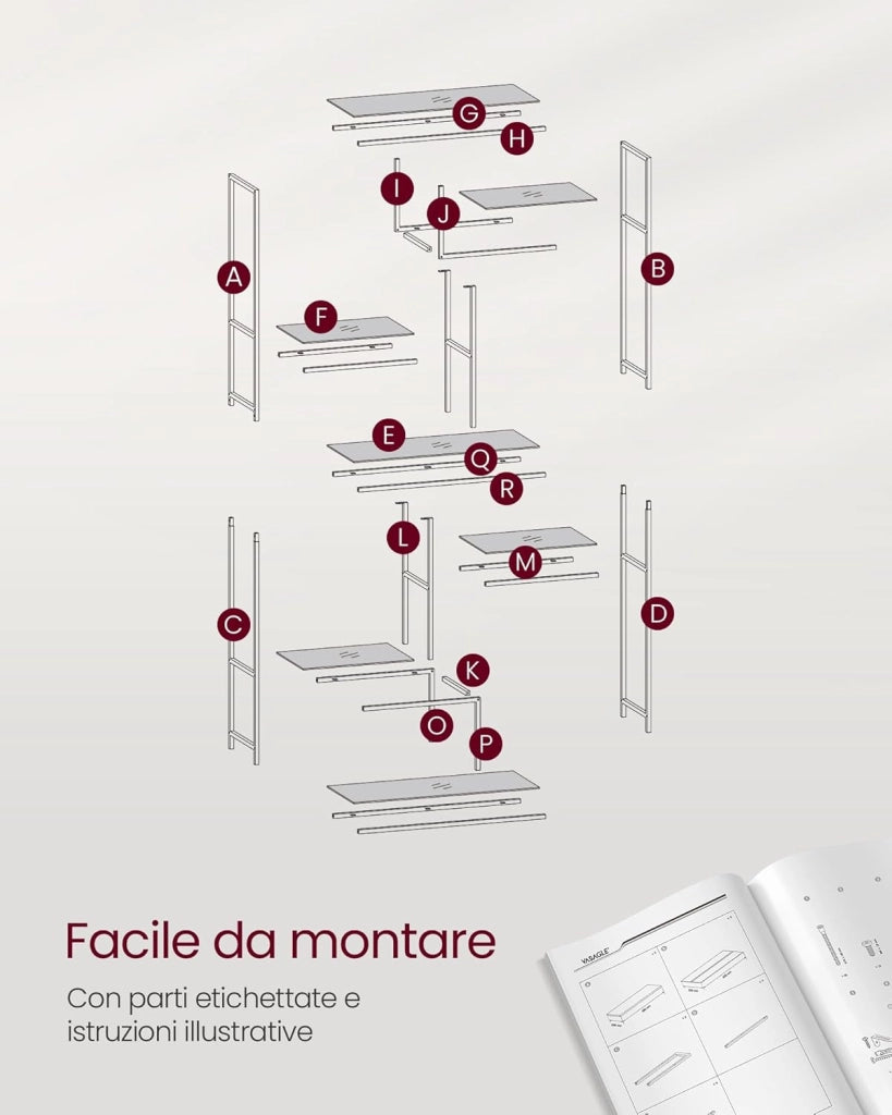VASAGLE Libreria Scaffale, Libreria Verticale a 6 Ripiani, Porta Piante, 30 x 80 x 180 cm, Vetro Temperato, Studio Soggiorno Camera da Letto Cucina, Oro Metallico LGT502A01