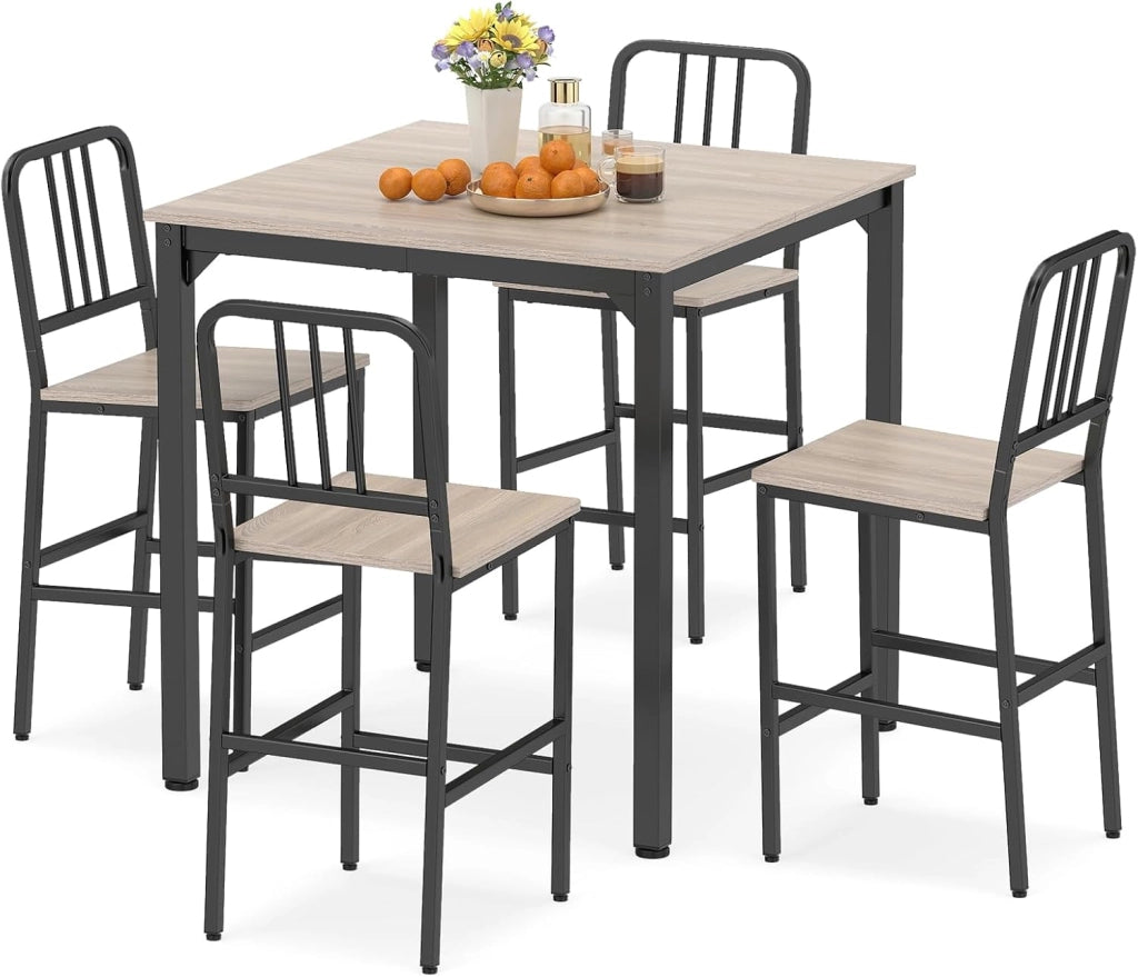 Set da Pranzo per 4 Persone, Set Cucina Bar 5 Pezzi con Superficie in Finto Marmo, Tavolo Quadrato in Legno e 4 Sgabelli Alti per Angolo Colazione e Sala da Pranzo (Grigio)