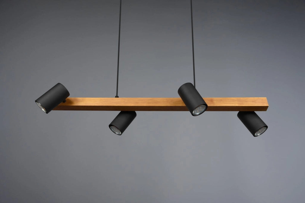 Lampadario Marley nero/legno 4 luci GU10 Trio h150cm