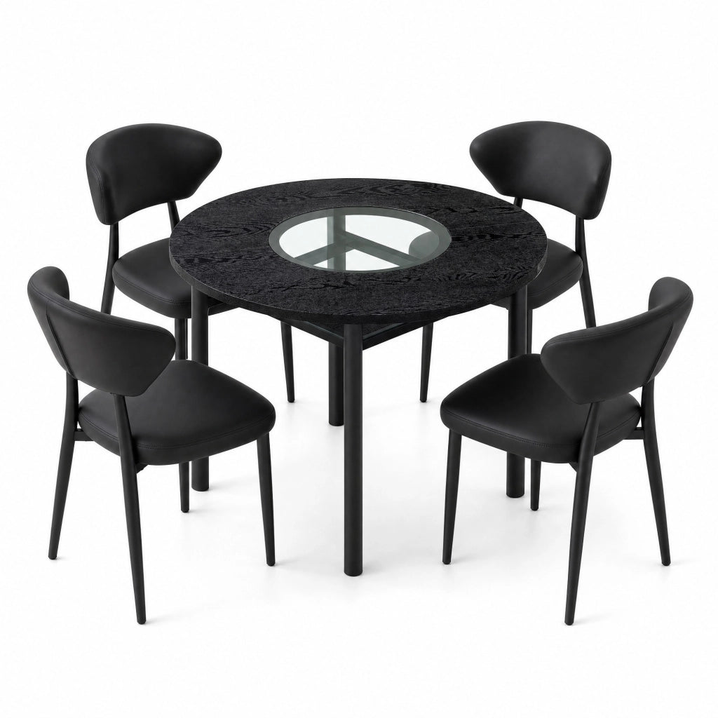 Set tavolo da pranzo e sedie con 1 tavolo rotondo e 4 sedie con ripiano in vetro; MDF; metallo e PU nero