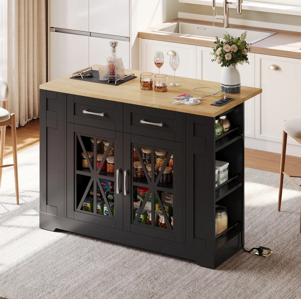 Isola cucina mobile 120x40(65)x92 cm con piano ribaltabile; prese AC e USB in MDF nero e naturale