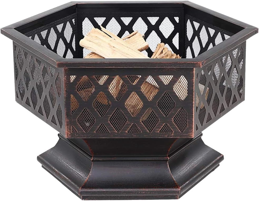 ® Braciere Esagonale 70x60,5cm Acciaio Parascintille Attizzatoio Bracieri Esterno Giardino