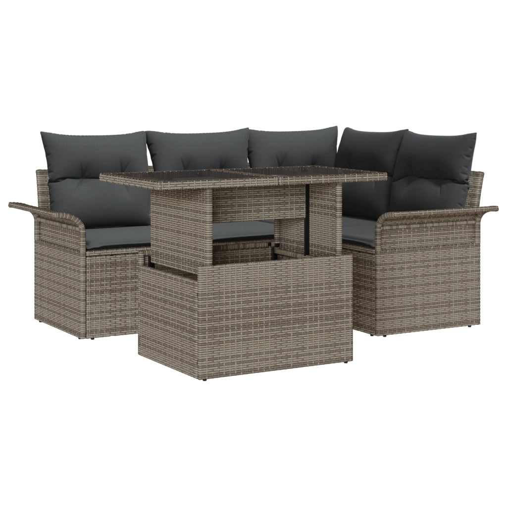 Set di Divani da Giardino  5 Pezzi con Cuscini Grigio Poly Rattan