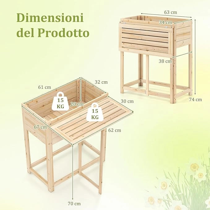 Letto da Giardino Rialzato, Orto Rialzato in Legno con Gampe, Tavolino Laterale Pieghevole e Drenaggio, Fioriera da Esterno per Fiori, Verdure e Frutta, 63 x 67 x 74 cm