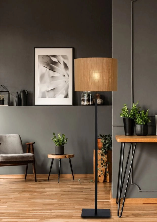 Lampada da terra Lucide Magius rattan nera E27 h160cm