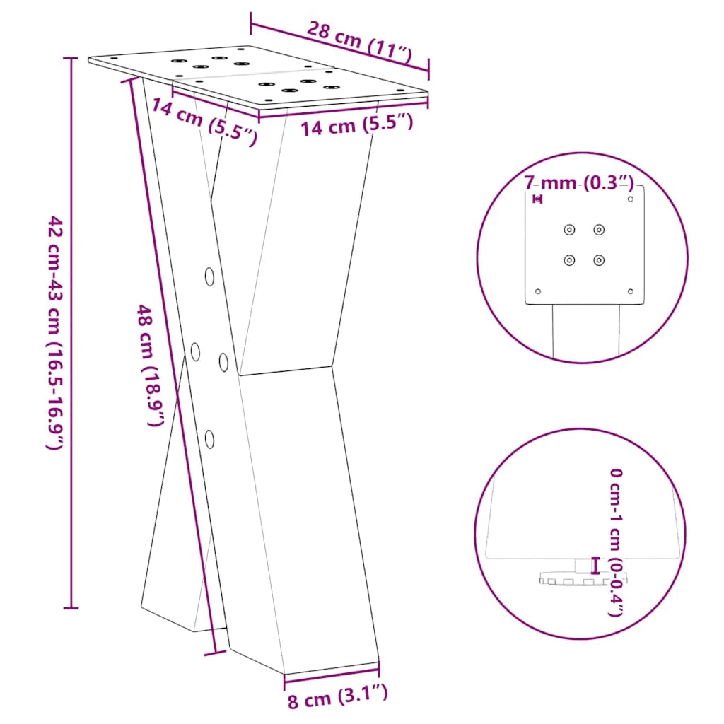 Set di 2 gambe regolabili per tavolino da caffè a forma di X 28 x 42-43 cm per stile decorativo moderno acciaio bianco 02_0057221