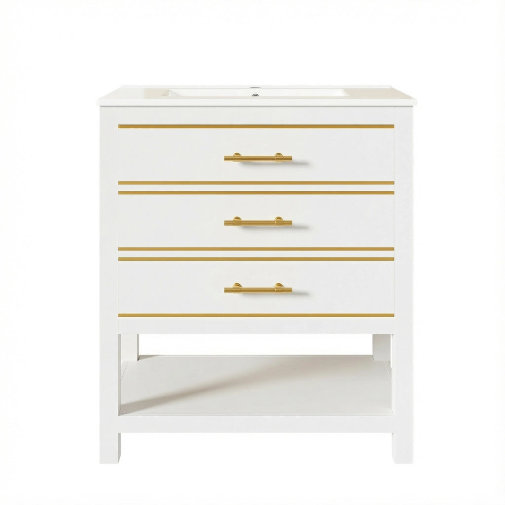 Mobile sottolavabo con lavabo in ceramica, 2 cassetti e vano aperto in MDF laccato bianco oro 76 × 46,5 × 86 cm