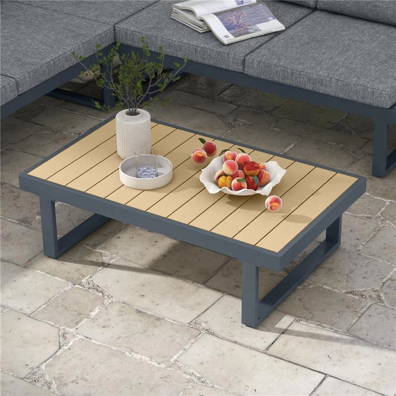 SET DA GIARDINO 4 PEZZI IN ALLUMINIO CON 2 DIVANETTI, POLTRONA ANGOLARE E TAVOLINO DA CAFFÈ, GRIGIO E TEAK