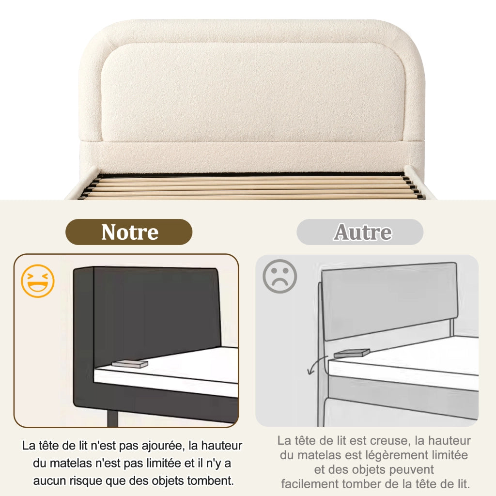 Letto Contenitore Matrimoniale 140 x 190 cm; Rete a doghe e Testiera in Bouclé Beige