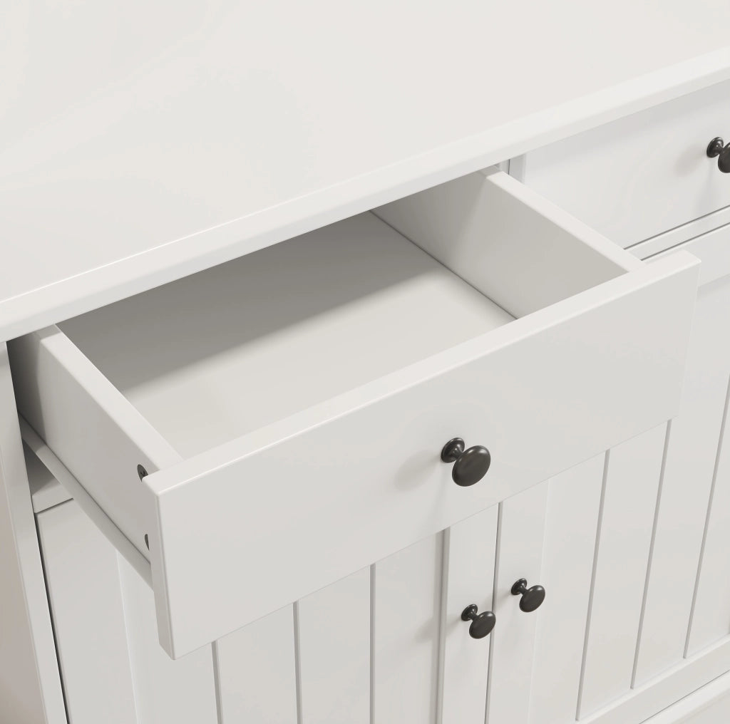 Buffet alto 120x40x191 cm con ante in vetro; porta bicchieri; prese USB e truciolare bianco