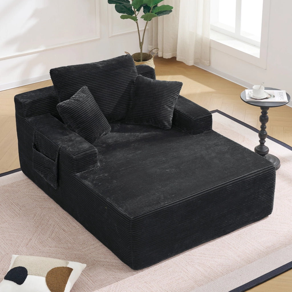 Divano in velluto a coste con tasche laterali e cuscini morbidi, design retrò, struttura stabile, nero