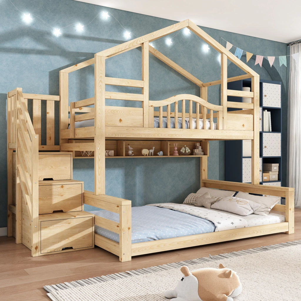 LETTO a castello con scaletta-armadio 90x200/140x200 cm Legno Naturale