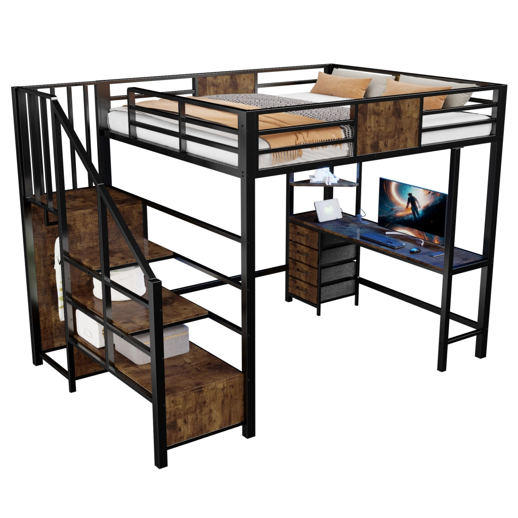 Letto a soppalco con LED e scrivania integrata LEMONMAX; 140x200 cm; 4 cassetti; appendiabiti aperto; presa europea; h letto 144 cm; nero