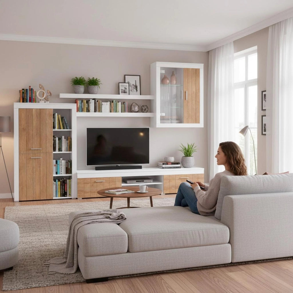 Parete Attrezzata Moderna Con Mobile TV Ante Vetrinetta Mensole E Vani A Giorno Moduli Sospesi Per Soggiorno Salotto 293 X 193 X 50 Cm Bianco E Noce