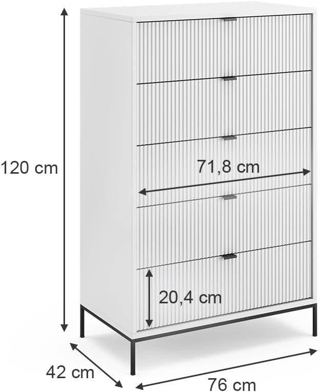 Cassettiera Eliza, Bianco, 76 x 120 cm con 5 cassetti, per conservazione e utilizzo in camera da letto o corridoio