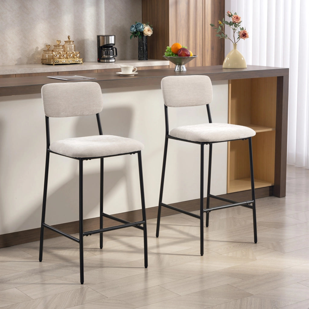 Sgabelli da Bar con Schienale Alto e Rivestimento in Ciniglia ¨C Zephmum ¨C Crema