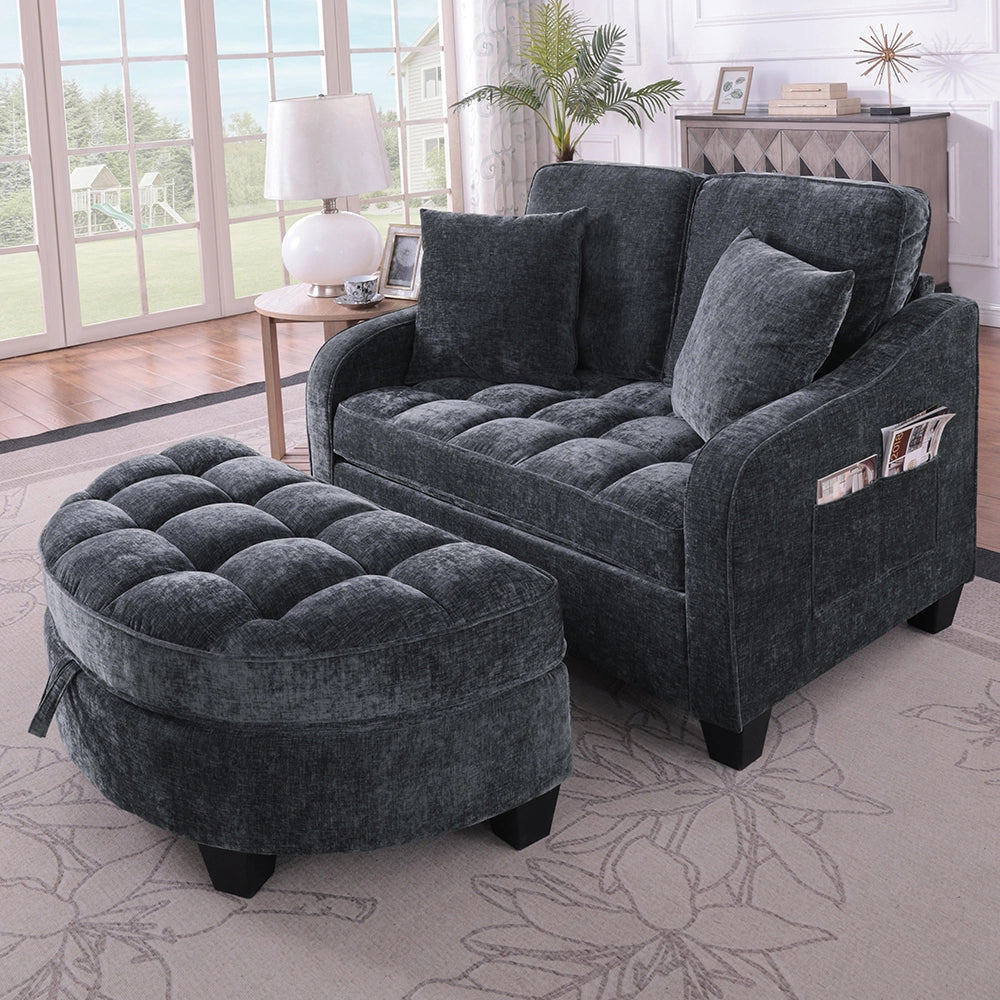 Divano multifunzione 2 in 1 - Xylo - Con pouf, legno eucalipto, nero