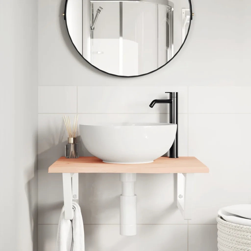 Ripiano a Parete per Lavabo in Acciaio e Massello di Rovere 3302594