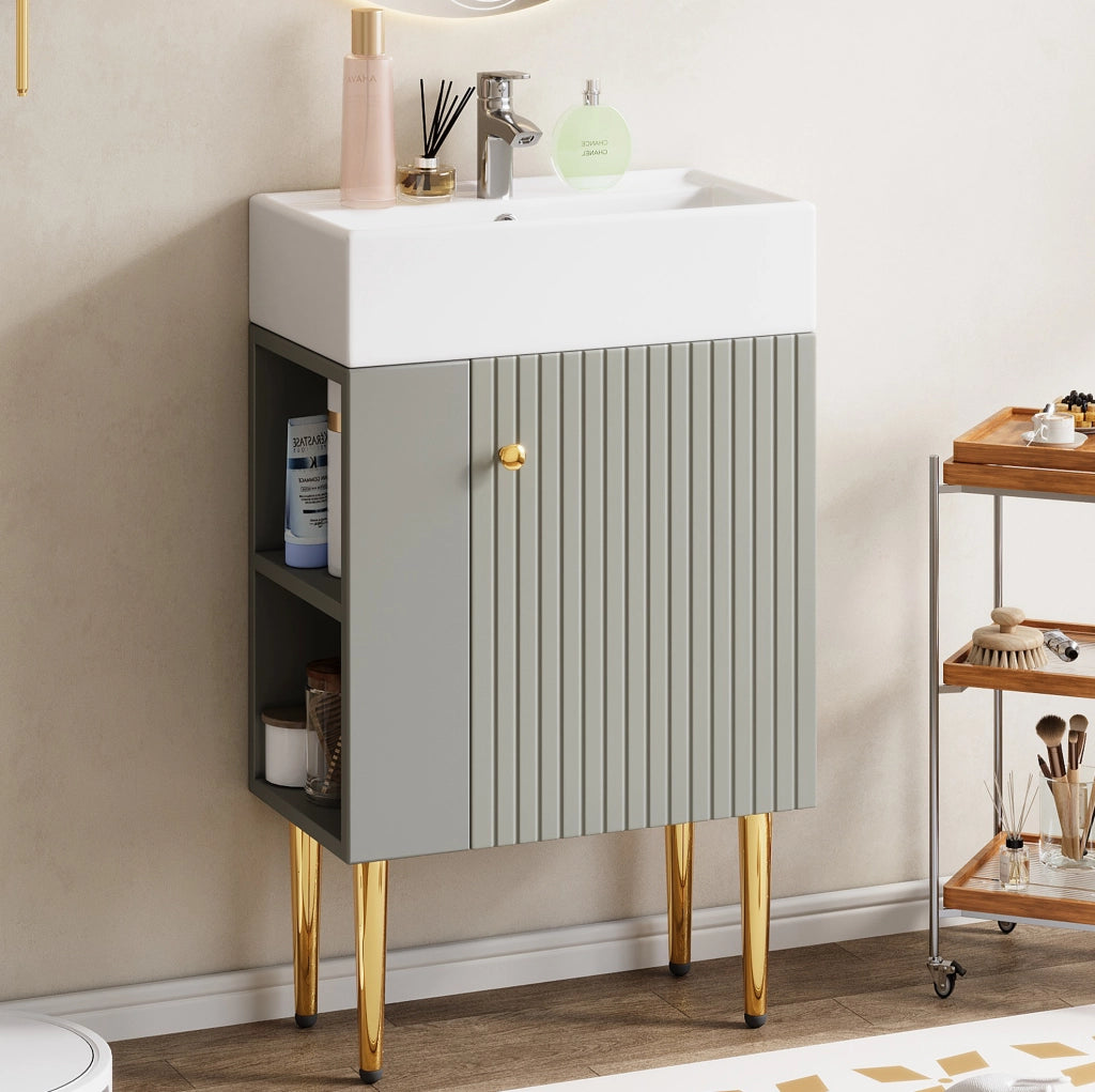 Mobile bagno a pavimento con lavabo in ceramica, grigio e bianco