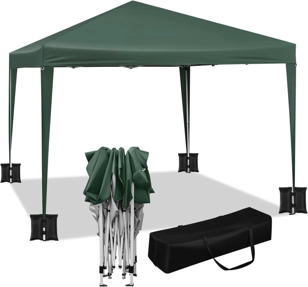 Gazebo da Giardino Richiudibile 3x3m Gazebo da Esterno in Ferro Regolabile in Altezza Tendone Pieghevole con Set di 4 Sacchi di Sabbia, Facile da Montare Verde