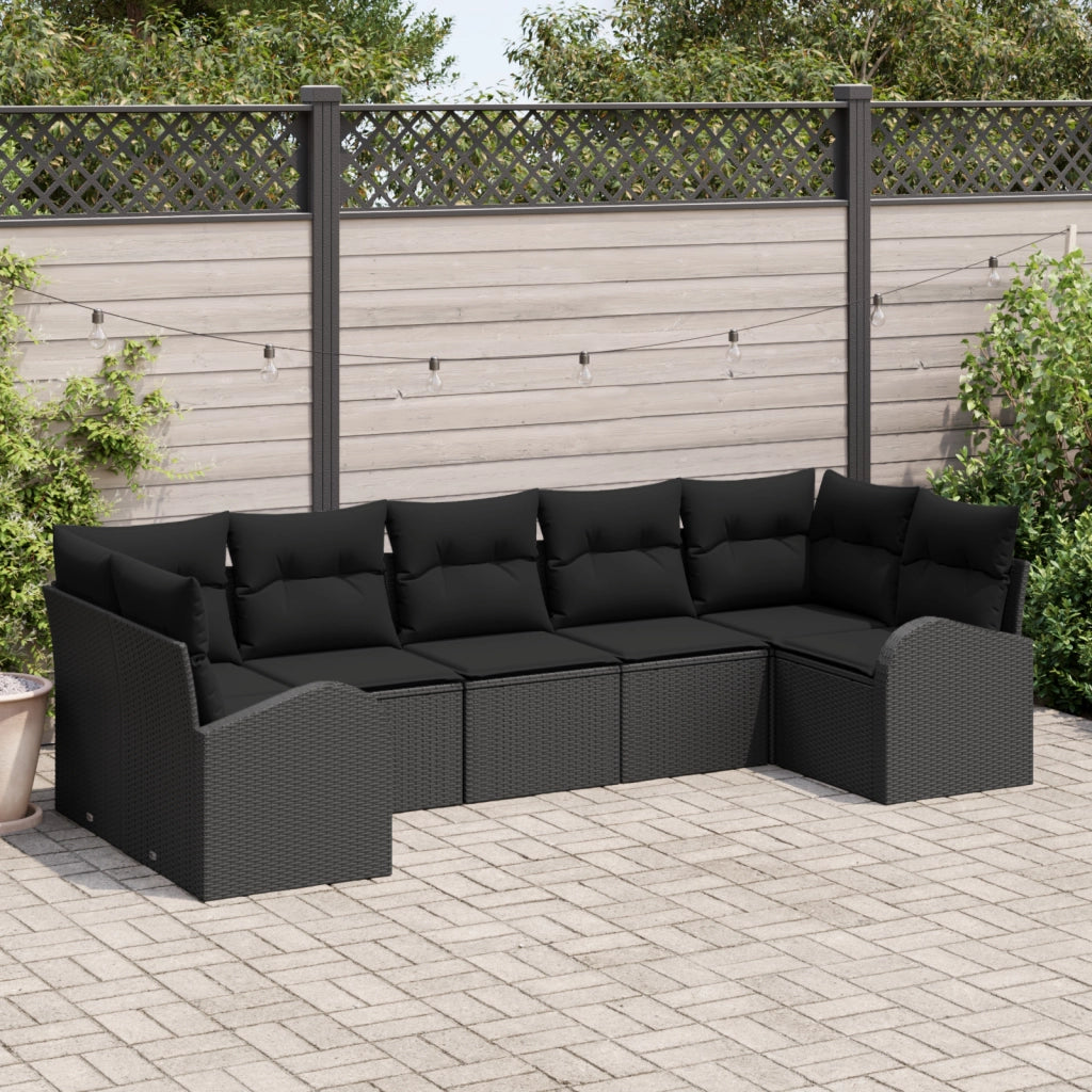Set di divani da giardino 7 pezzi con cuscini Black Poly Rattan
