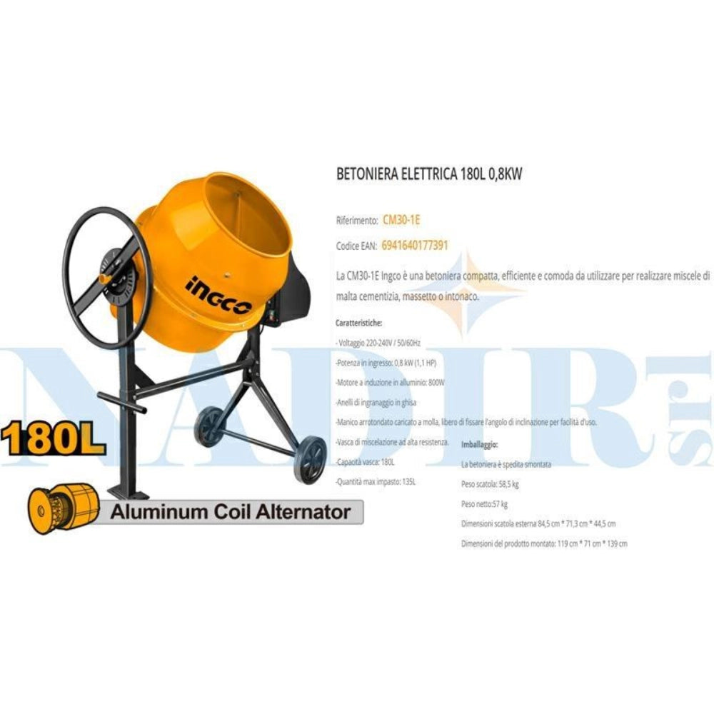 Betoniera elettrica da 180 litri 800w 28rpm