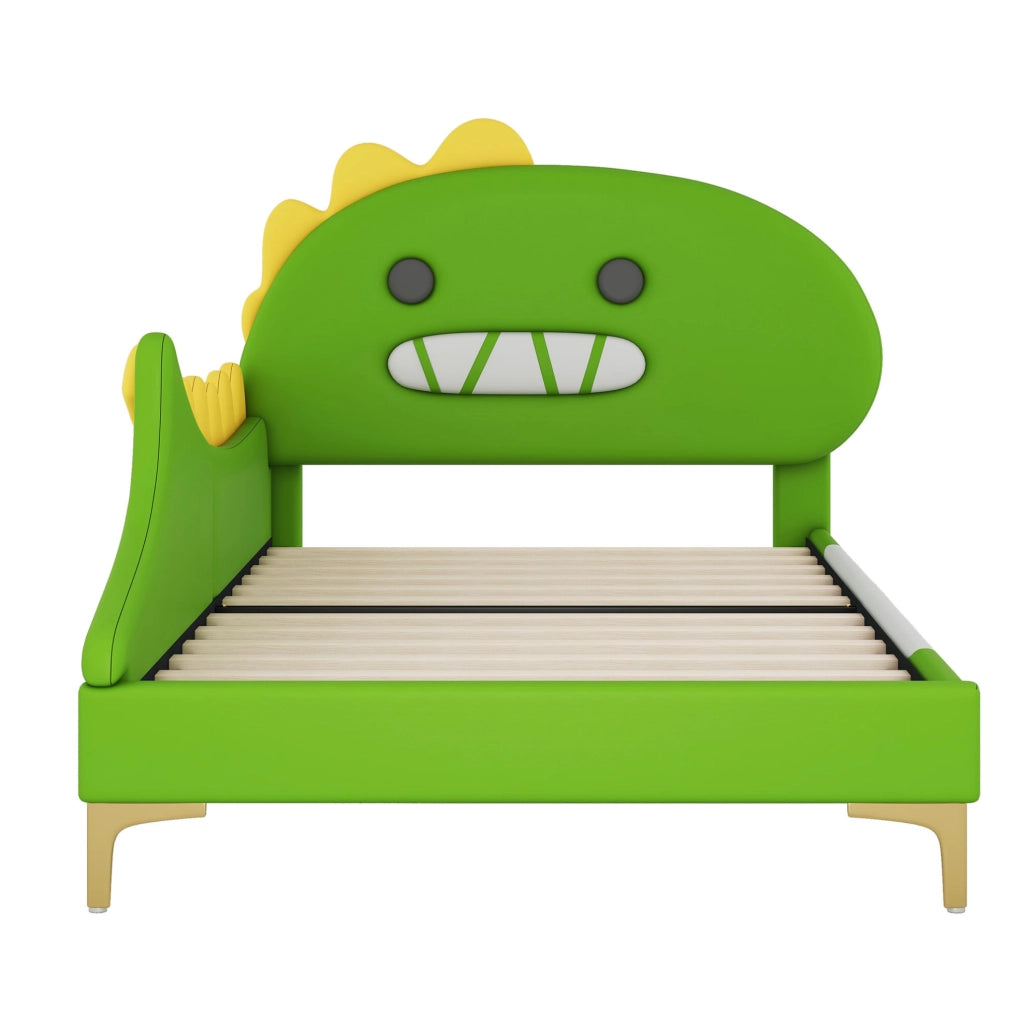 Letto per bambini 90x200 cm; design dinosauro; PU e MDF; verde