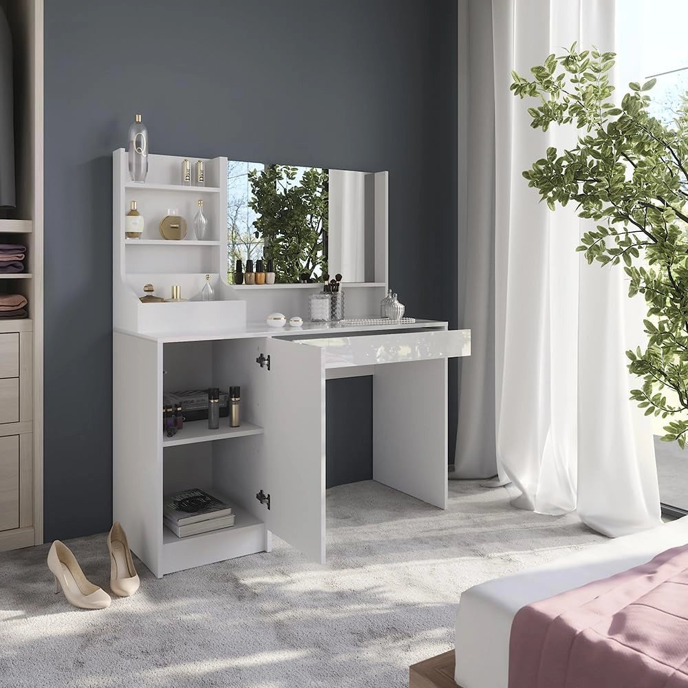 Tavolo da toeletta Sherry, Bianco/bianco lucido, 119.8 cm 3 parti, con specchio superiore per l'uso quotidiano e l'organizzazione