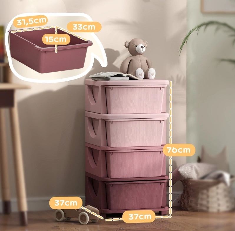 Mobile contenitore per bambini rosa con 4 cassetti, 37x37x76 cm