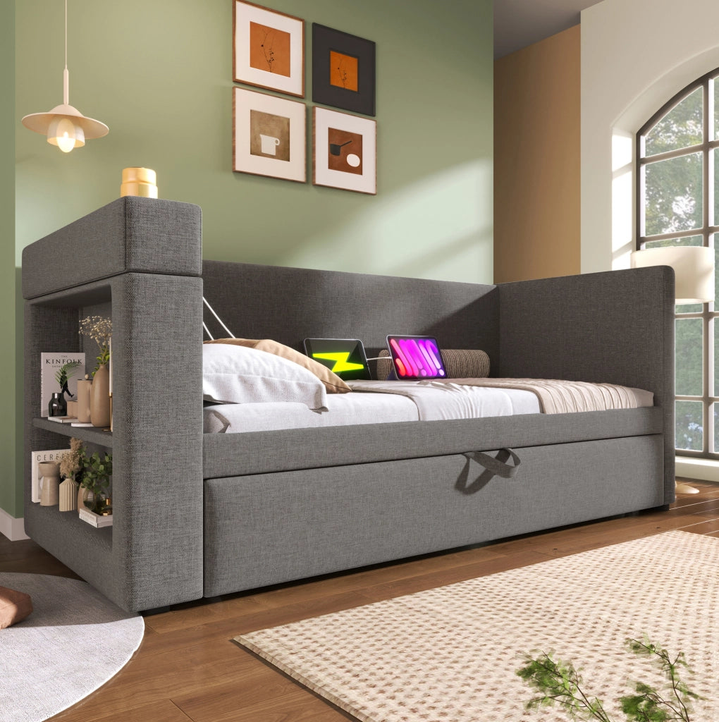 Divano letto 90x190 cm con letto estraibile, USB-C, grigio