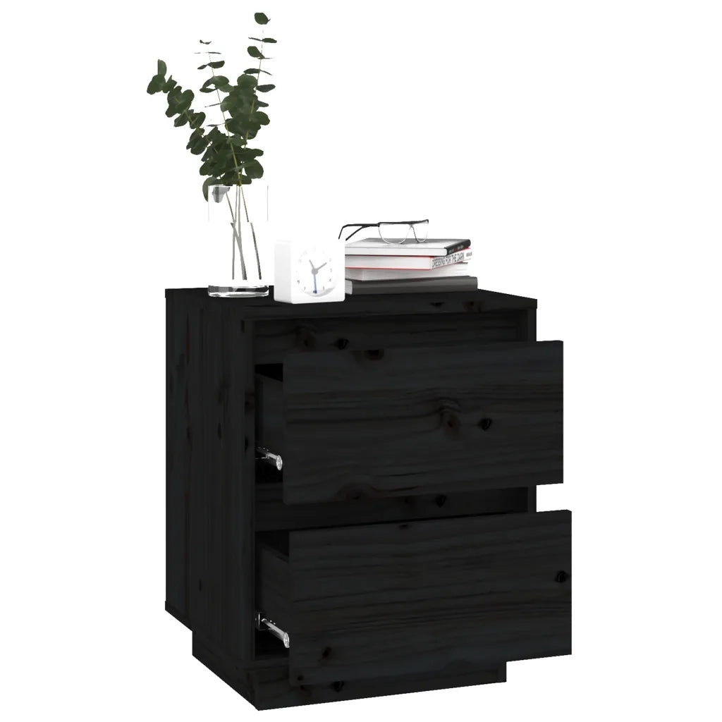 Set di 2 Comodini | Armadio da Notte | Mobiletto da notte Neri 40x35x50 cm in Legno Massello di Pino