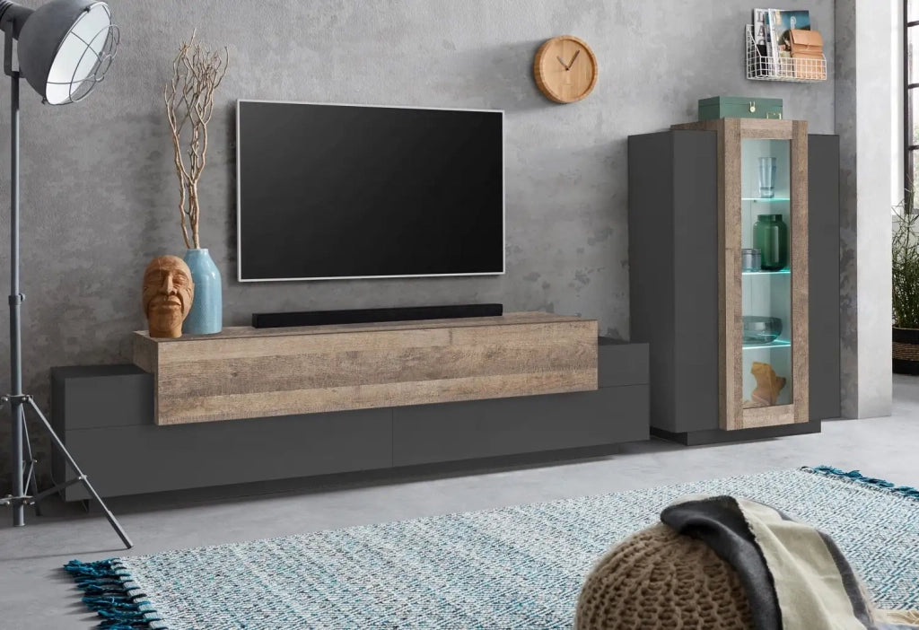 Parete attrezzata moderna antracite e legno mobile porta TV vetrina Woud AP