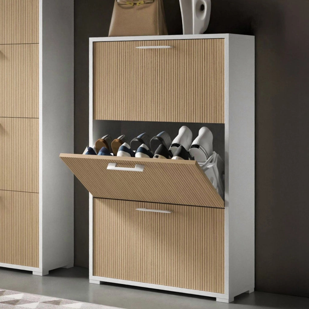 Scarpiera Dodecatheon, Mobile Portascarpe Bianco Cannettato 28.00x67.00x112.00h cm