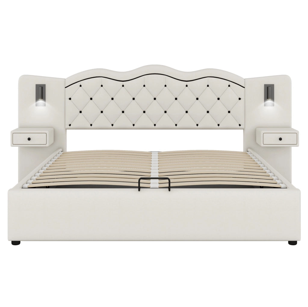 Letto 180 x 200 cm con contenitore idraulico; testiera integrata; USB e luci; beige
