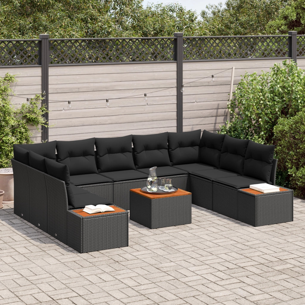 Set di Divano da Giardino da 10 Pezzi con Cuscini Nero Polyrattan Acacia