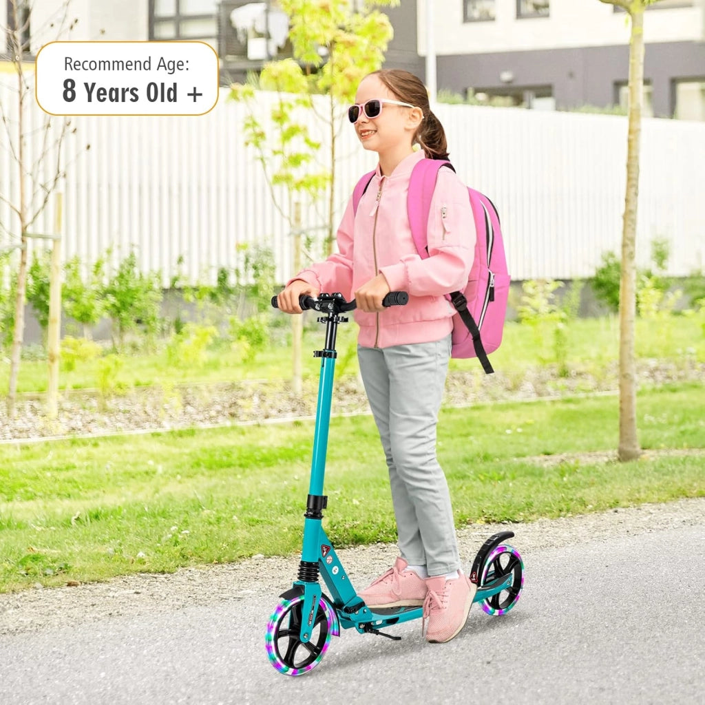 Monopattino da bambino con 2 ruote, LED e freno, skateboard pieghevole, 3 altezze regolabili, scooter in alluminio con cavalletto e cintura, carico 100 kg, bambini 8 anni