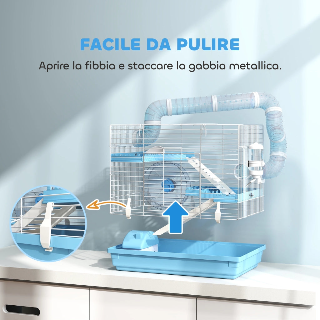 Gabbia per Criceti a 3 Piani con Casetta, Ruota e Accessori ¨C zephmum ¨C Azzurro