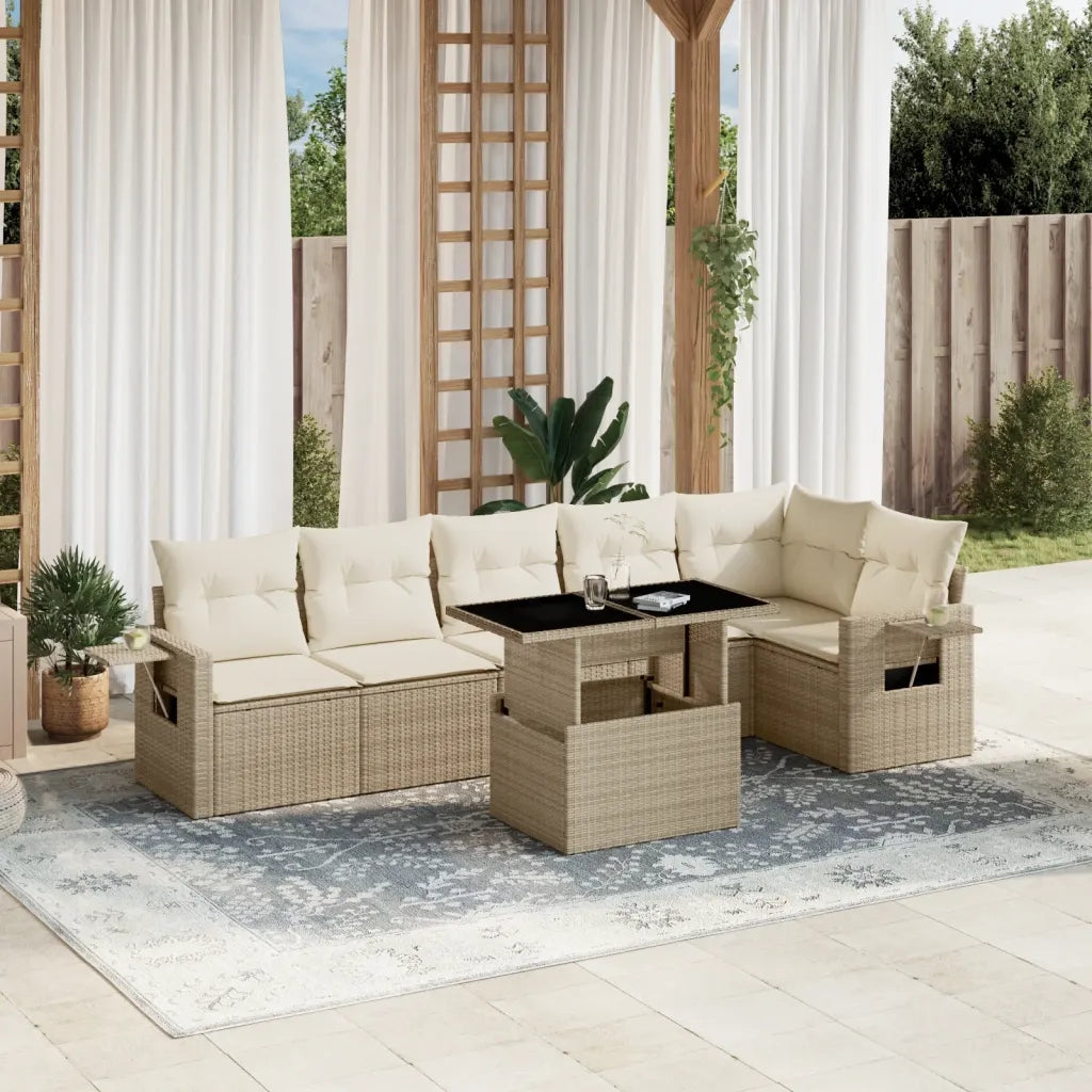 Set Divani da Giardino 7 pz con Cuscini Beige in Polyrattan