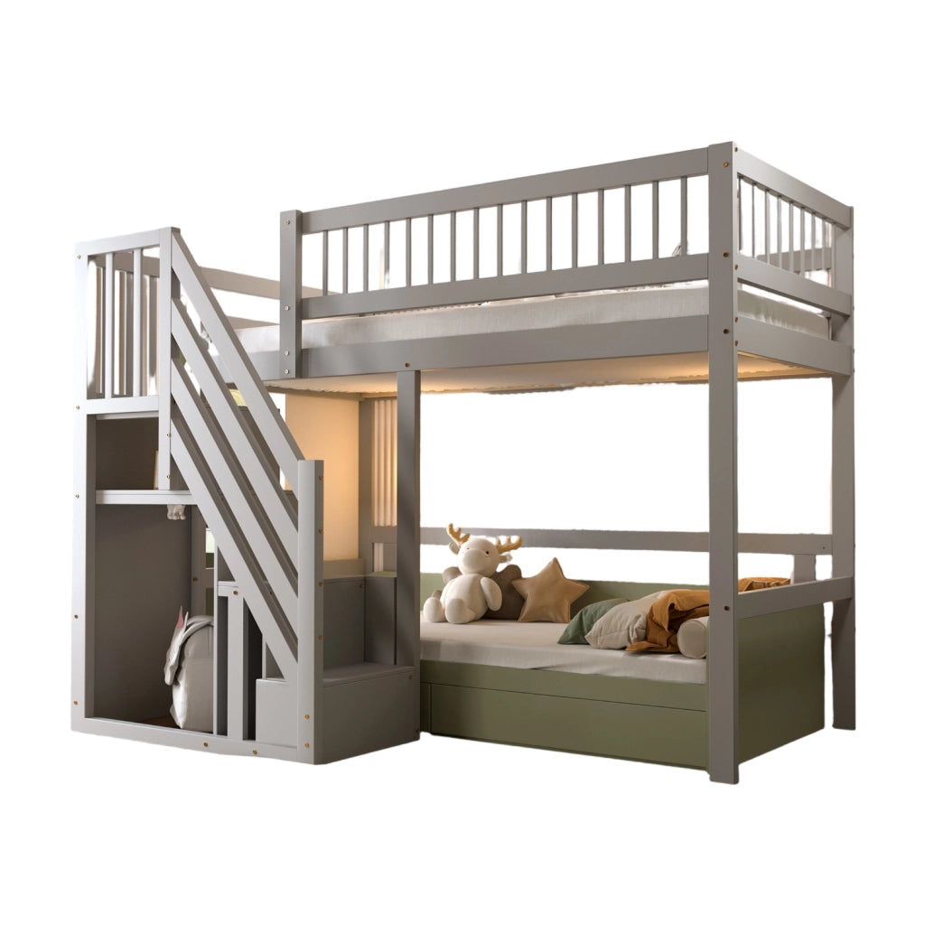 Letto a soppalco 90x200 cm con scala portaoggetti in legno grigio