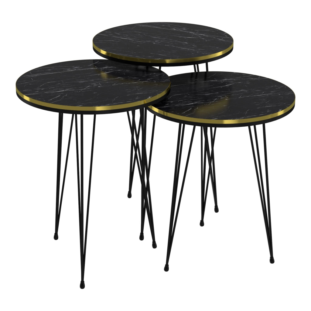 Set 'Ryslinge' di 3 Tavolini da Salotto Tavolini Bassi a Treppiede in Altezze Diverse Gambe a Forcina e Piani Rotondi Ø 36 cm - Marmo Nero / Oro [en.casa]