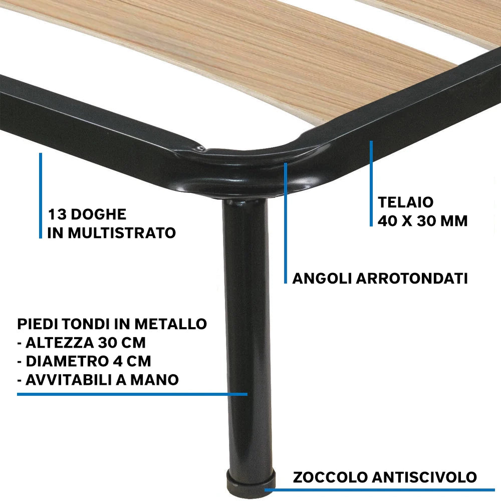 Rete ortopedica 80X190 7 doghe in betulla con 4 piedi |100% MADE IN ITALY| struttura in acciaio con angoli anti infortunistici e anti cigolio, altezza 34 cm