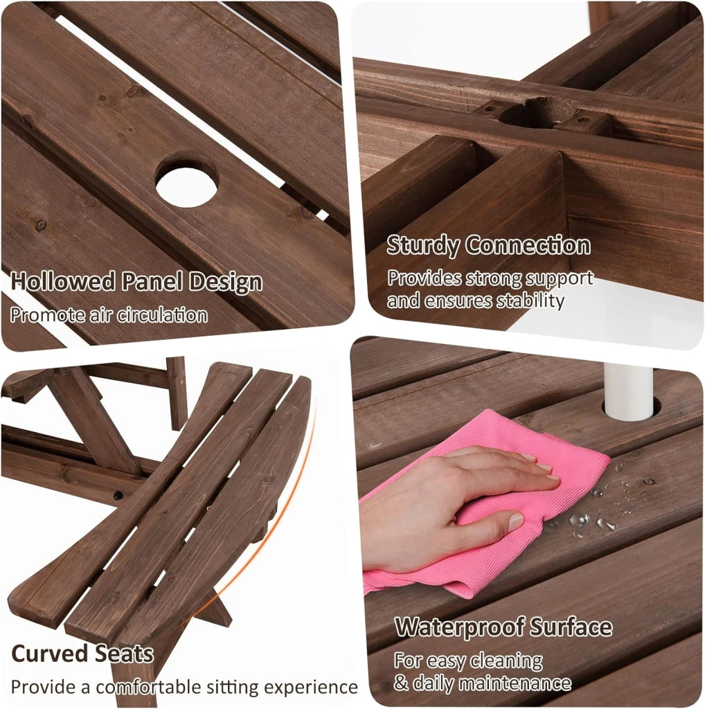 Tavolo da Picnic per 8 Persone con Foro per Ombrellone, Tavolo con Panche in Legno di Abete, Set da Giardino Esterno per Bar, Agriturismo, Sagra, Patio, Balcone, φ179 x 70 cm (Marrone Scuro)