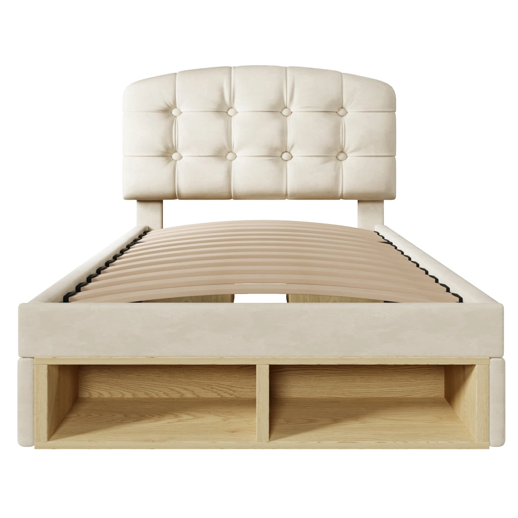 Letto Singolo Imbottito con Cassetti ¨C MINIMAL ¨C Velluto Beige, Testiera Regolabile, 90x200